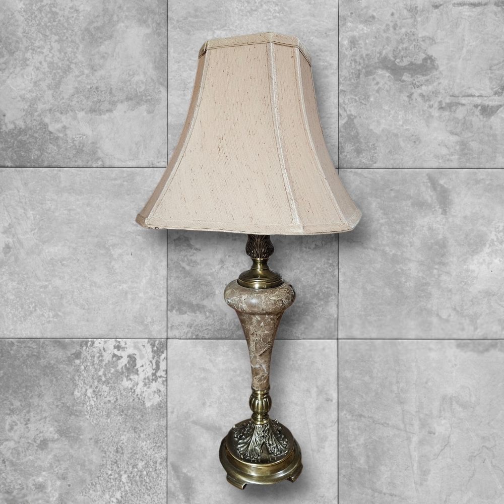 Vintage Faux Marble Bedside Desk Table Lamp Brass Base & Bell Shade 70s Urn Sty